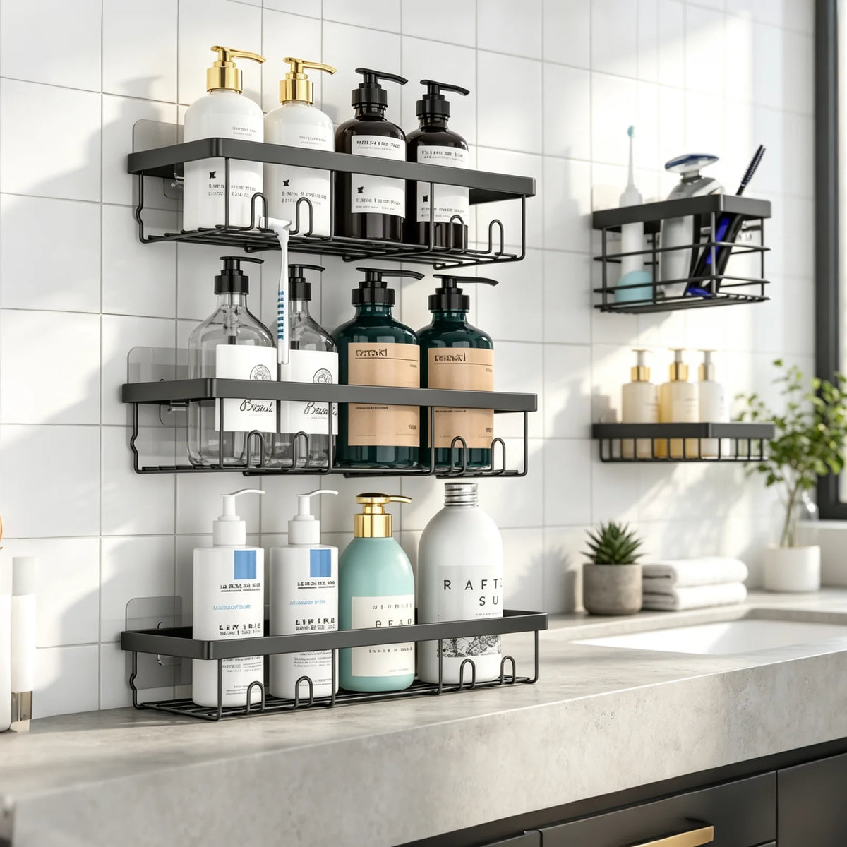 No Drill Stainless Steel Adhesive Shower Caddy Wall Shelf Organizer