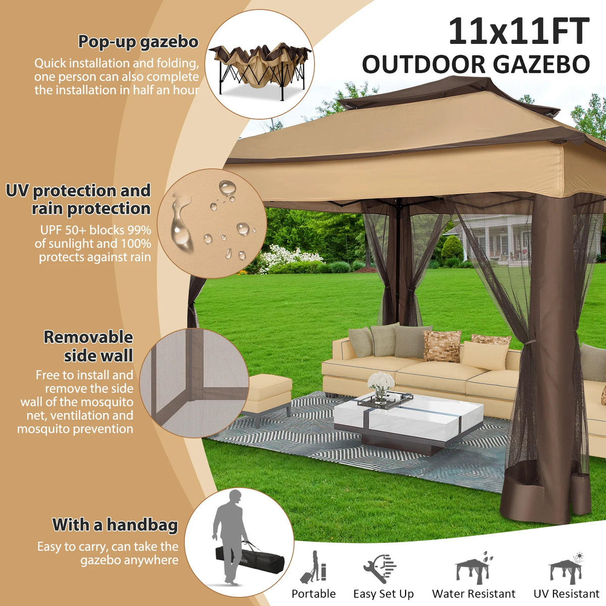 Tooluck Pop Up Gazebo With Waterproof Canopy And Mosquito Netting