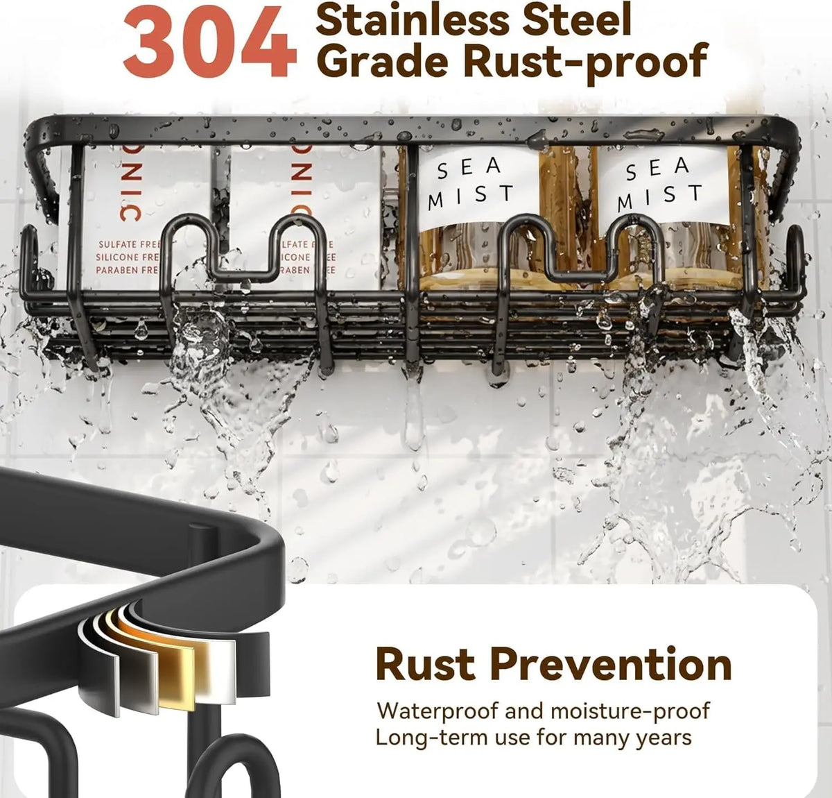 No Drill Stainless Steel Adhesive Shower Caddy Wall Shelf Organizer