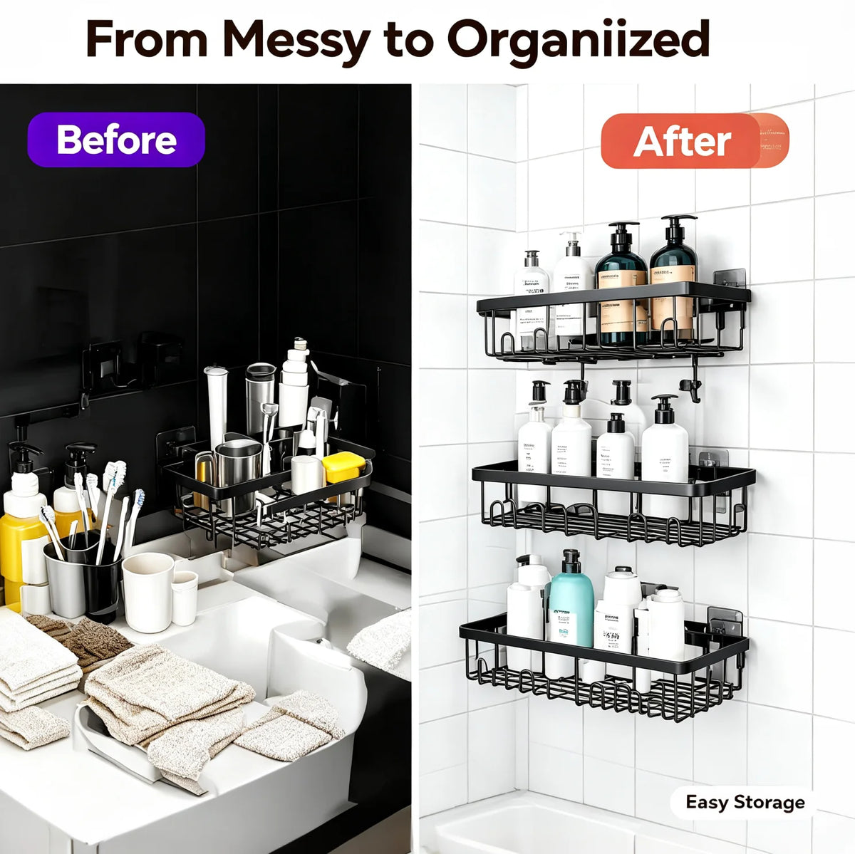 No Drill Stainless Steel Adhesive Shower Caddy Wall Shelf Organizer