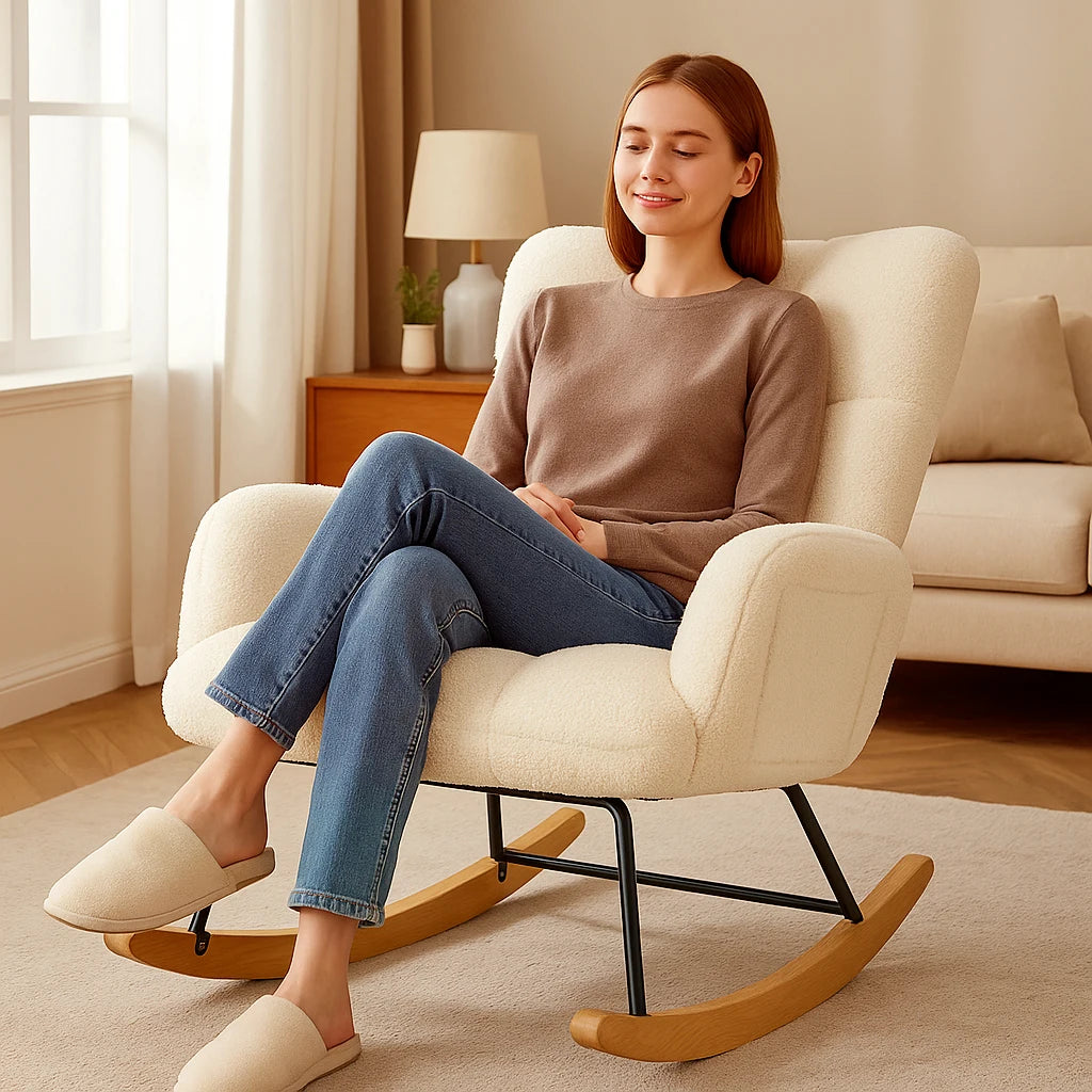 Comhoma Modern Velvet Nursery Rocking Chair With High Back Design