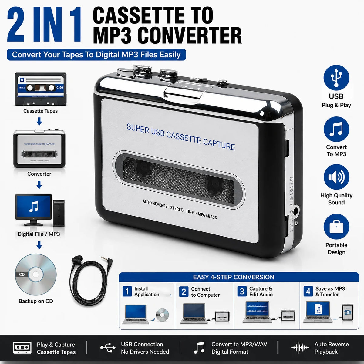 Portable USB Cassette Player and MP3 Converter for Tape Digitizing
