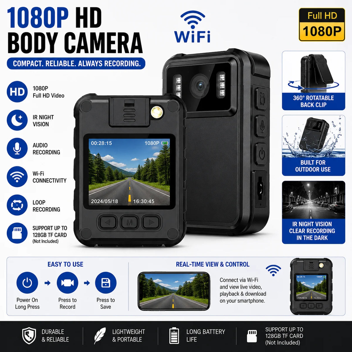 1080P WiFi Body Camera With Night Vision Audio Video Recorder