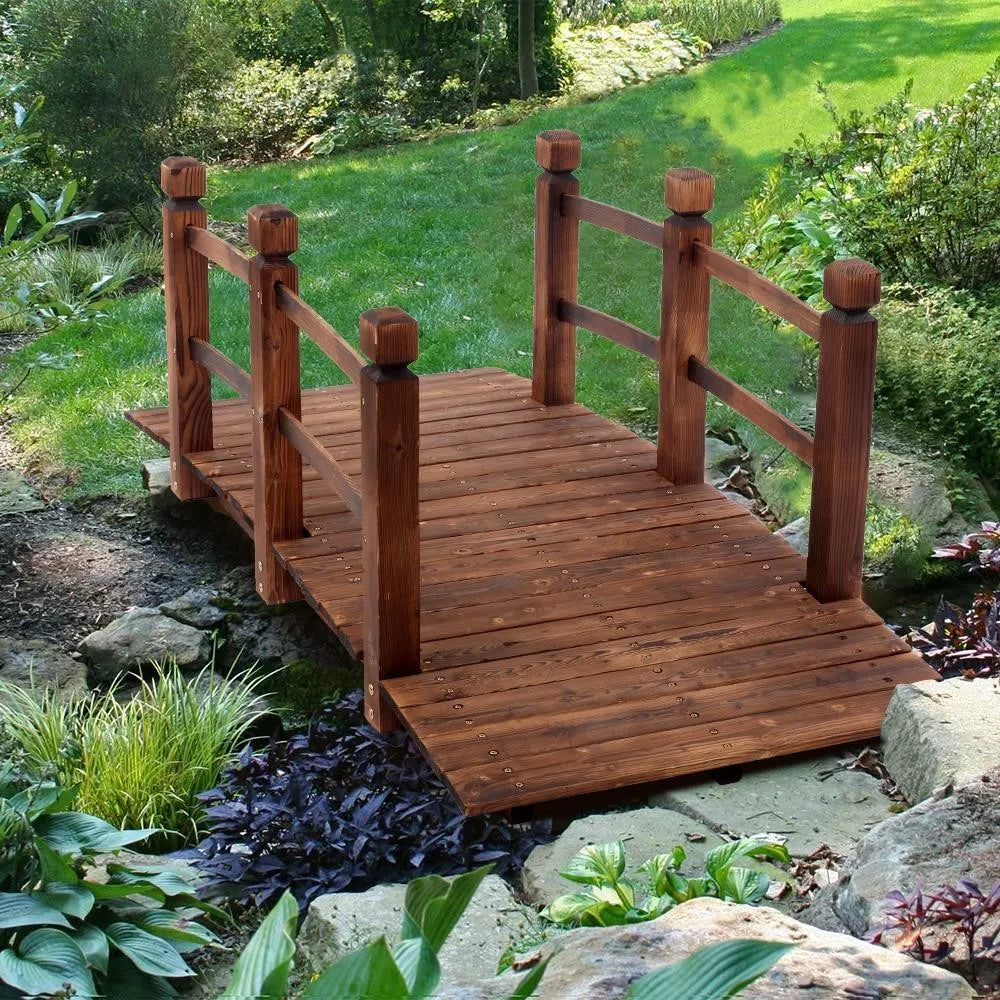 Natural Wooden Garden Bridge With Double Rails For Outdoor Walkways