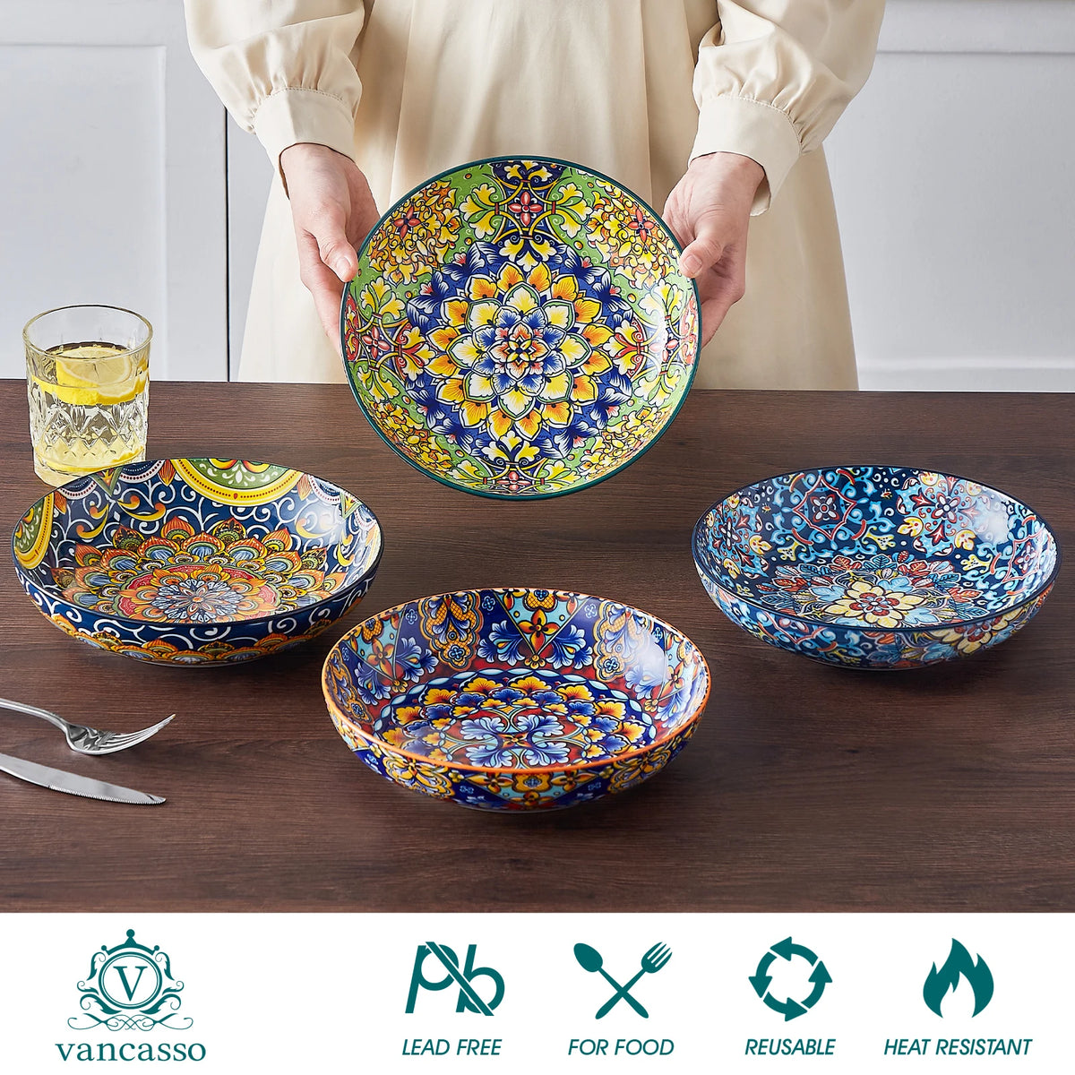 MALACASA Floral Ceramic Pasta Bowls for Soup and Cereal