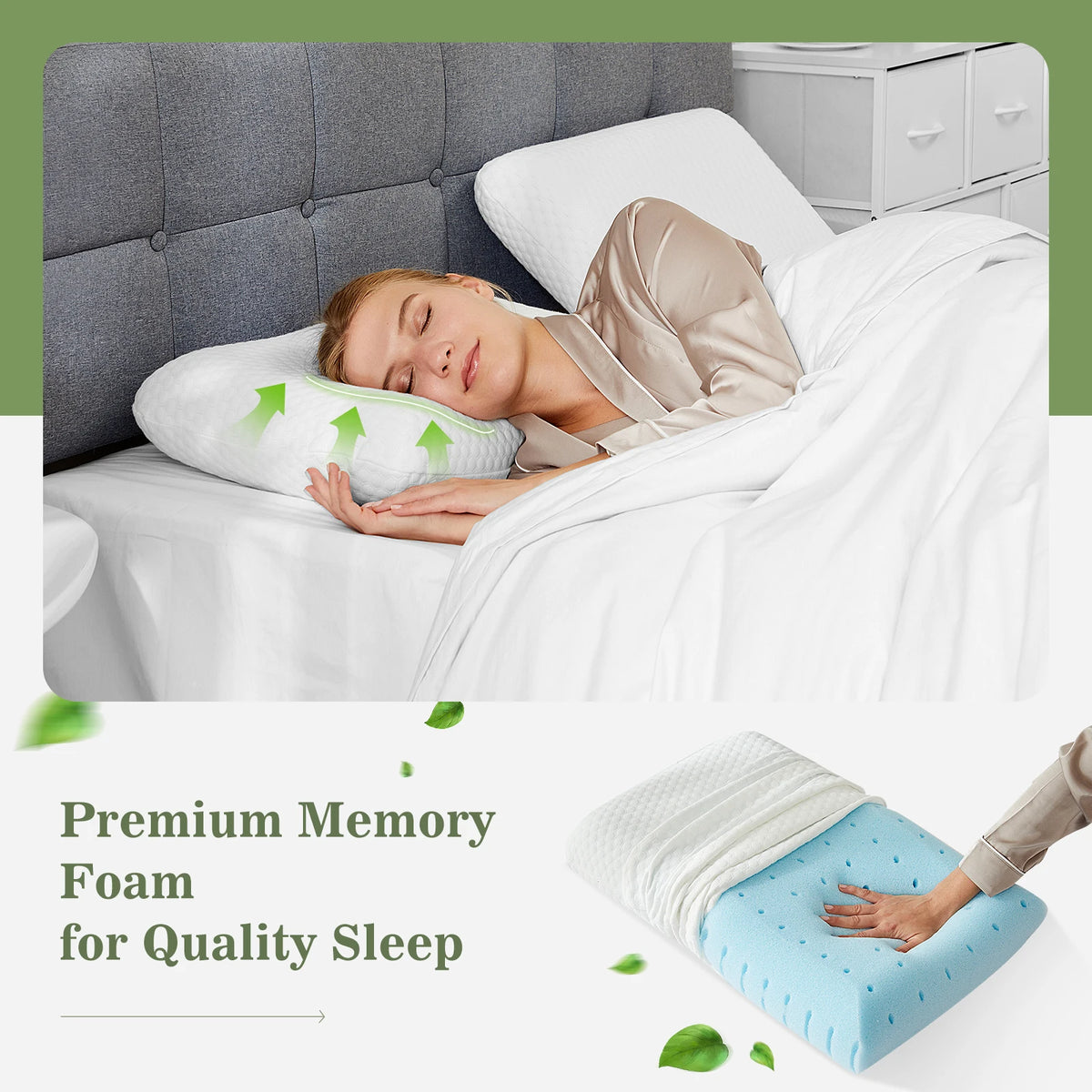 JHK Two Pack Ventilated Memory Foam Pillows With Washable Covers