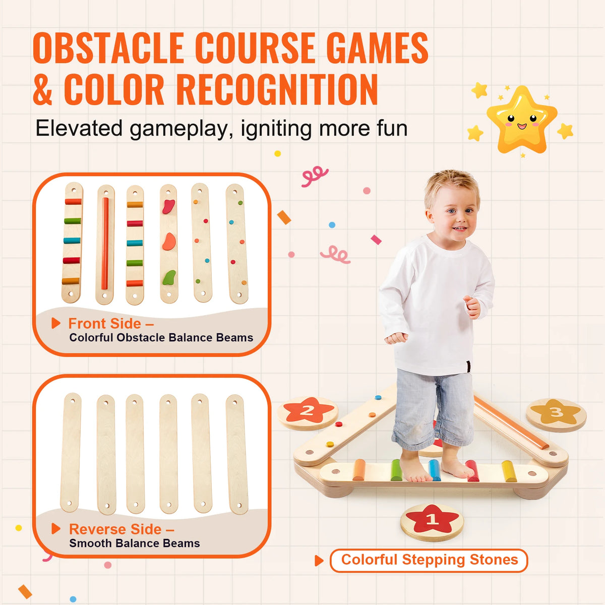 SucceBuy Wooden Balance Beam Stepping Stones Montessori Toy