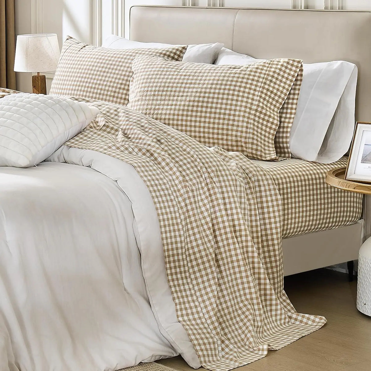 Gingham Washed Cotton Sheet Set Soft Deep Pocket Bedding