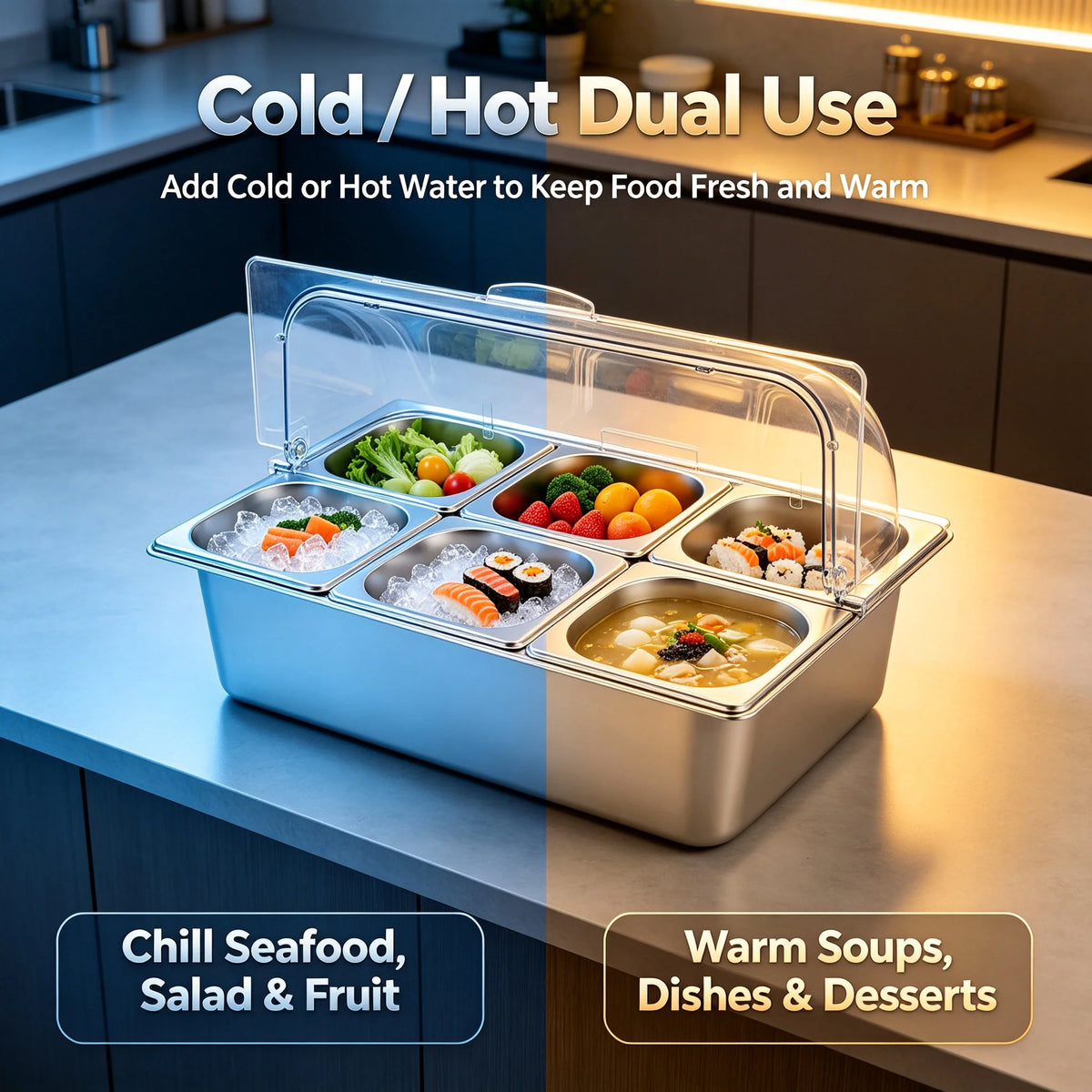 Dual Use Buffet Serving Station With Six Stainless Steel Pans