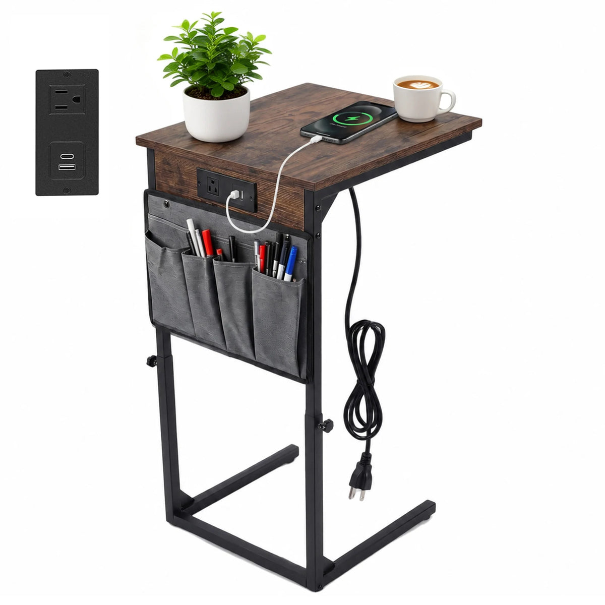 HiMISS Adjustable C Shaped End Table With USB Charging Station