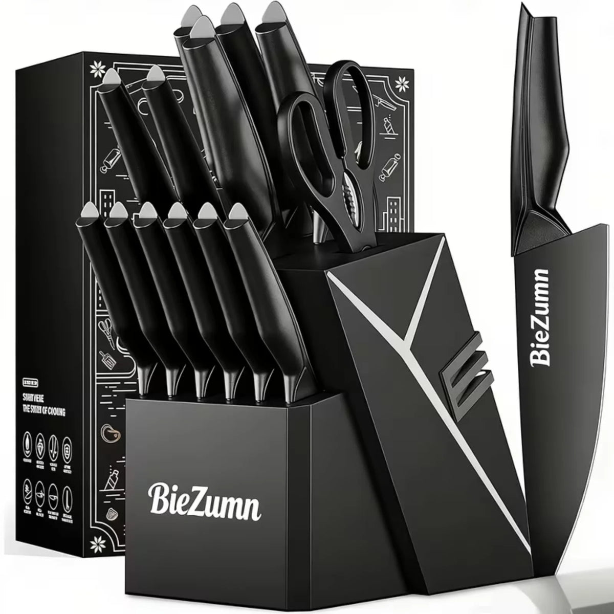 Stainless Steel Kitchen Knife Set With Block And Integrated Sharpener