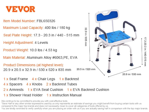 SucceBuy 360 Degree Swivel Shower Chair With Armrests And Backrest