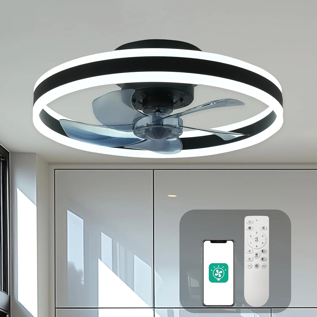 Orison Dimmable LED Flush Mount Ceiling Fan With Remote Control