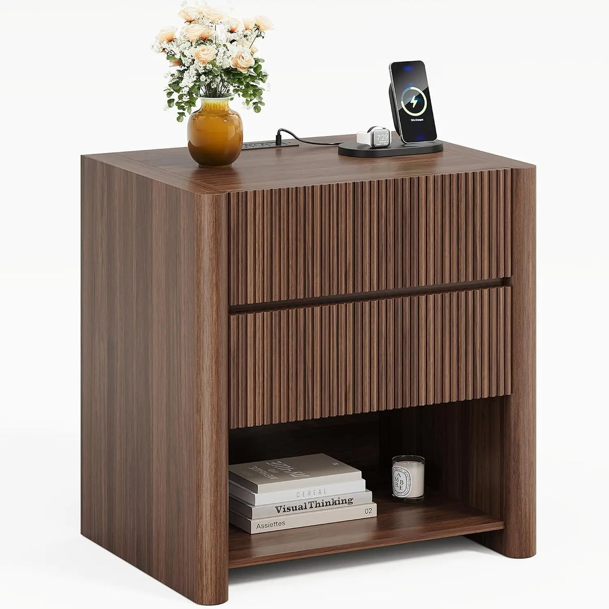 Novilla Fluted Wooden Nightstand With Integrated Charging Station