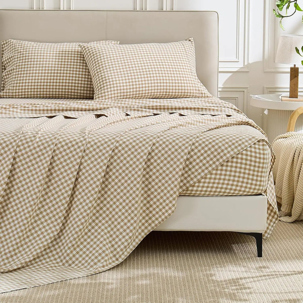 Gingham Washed Cotton Sheet Set Soft Deep Pocket Bedding