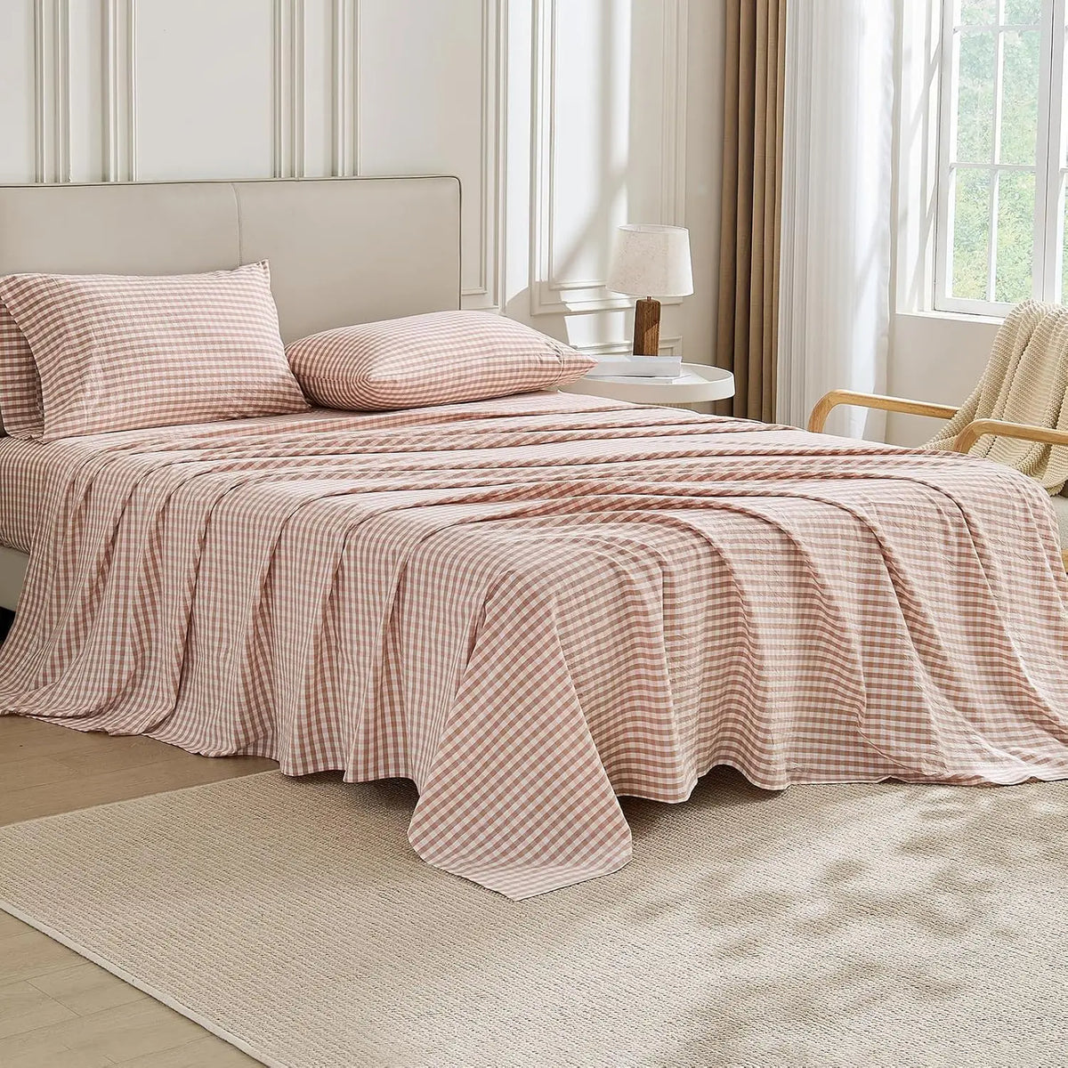 Gingham Washed Cotton Sheet Set Soft Deep Pocket Bedding