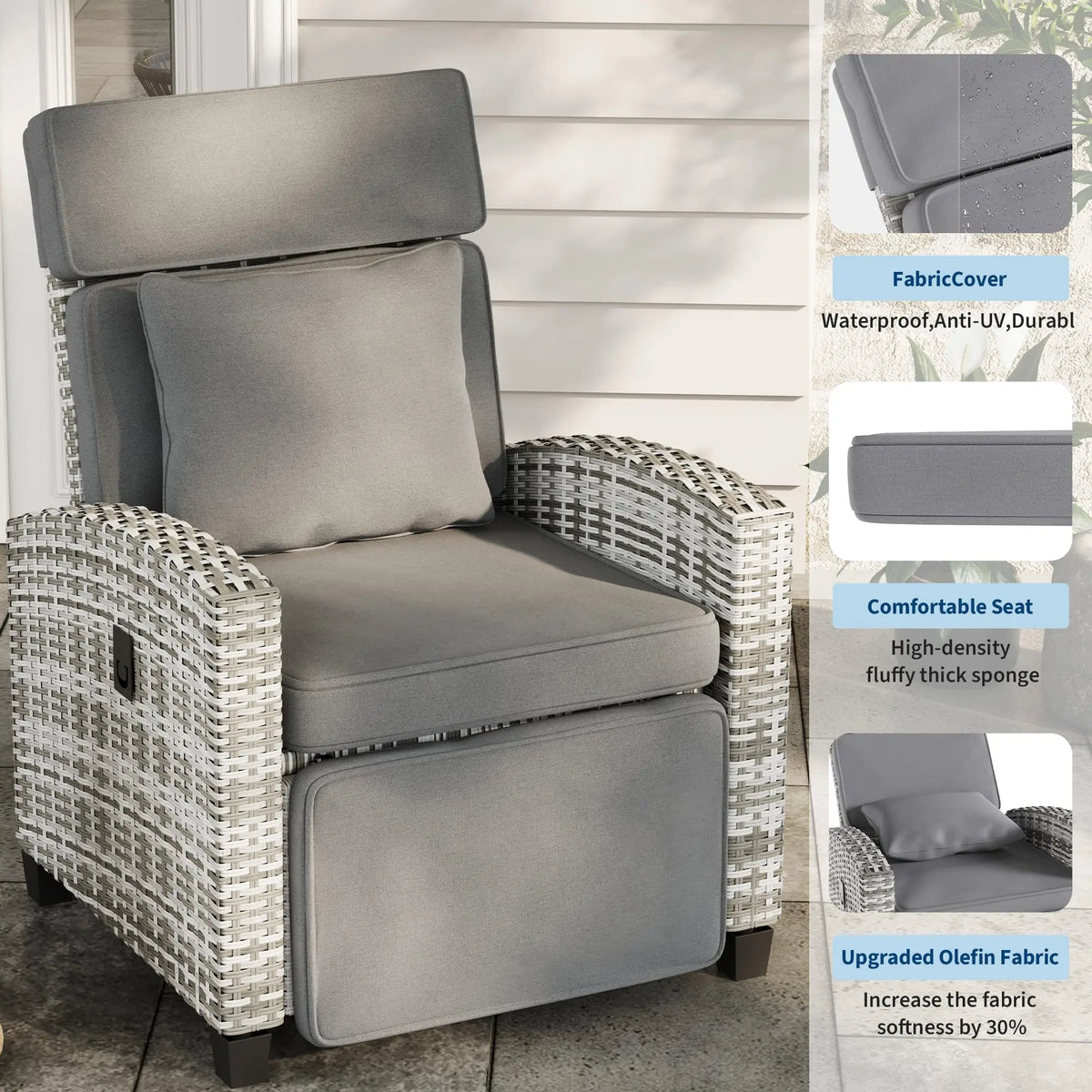 Adjustable Wicker Recliner With Footrest And Flip Up Side Table