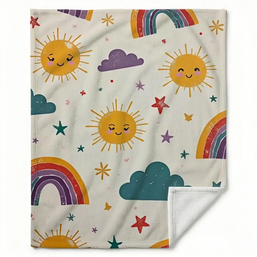 Decorative Flannel Throw Blanket Featuring Sun And Rainbow Motifs