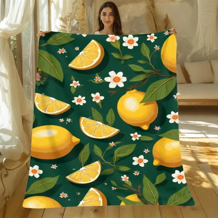 Premium Flannel Throw Blanket With Lemon Blossom Pattern