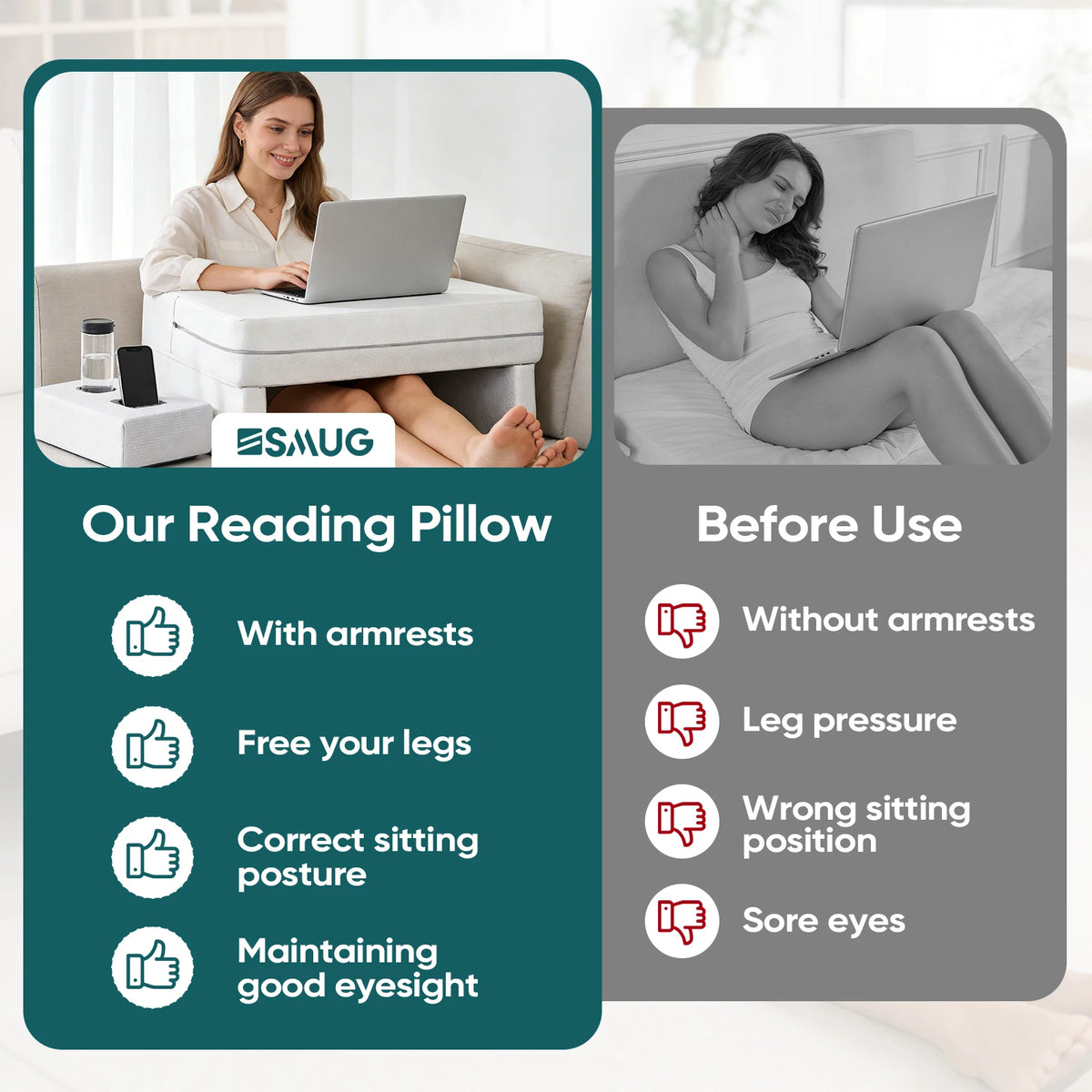 JHK Ergonomic Memory Foam Reading Pillow With Cooling Washable Cover