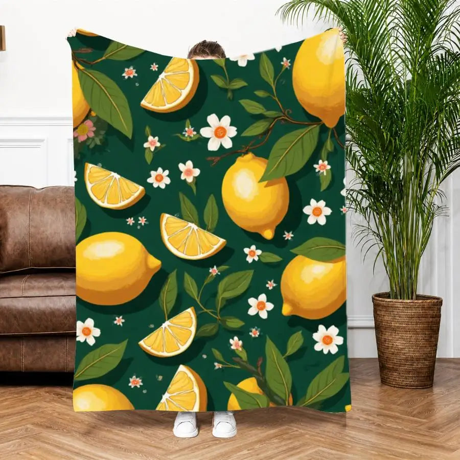 Premium Flannel Throw Blanket With Lemon Blossom Pattern
