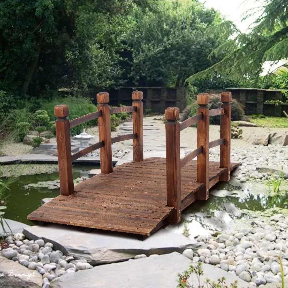 Natural Wooden Garden Bridge With Double Rails For Outdoor Walkways