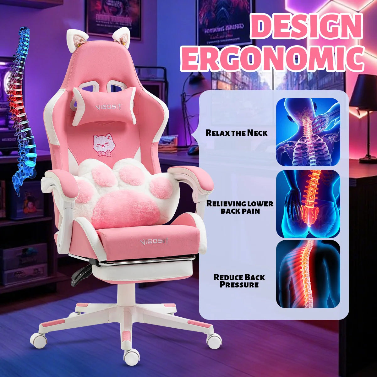 VIGOSIT Ergonomic Gaming Chair With Footrest And Headrest