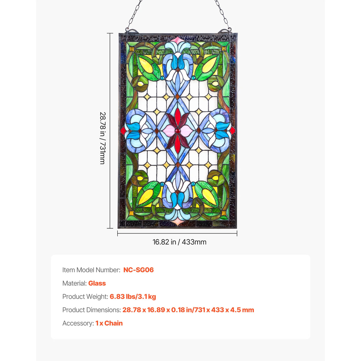 SucceBuy Tiffany Style Stained Glass Hanging Window Panel With Chain