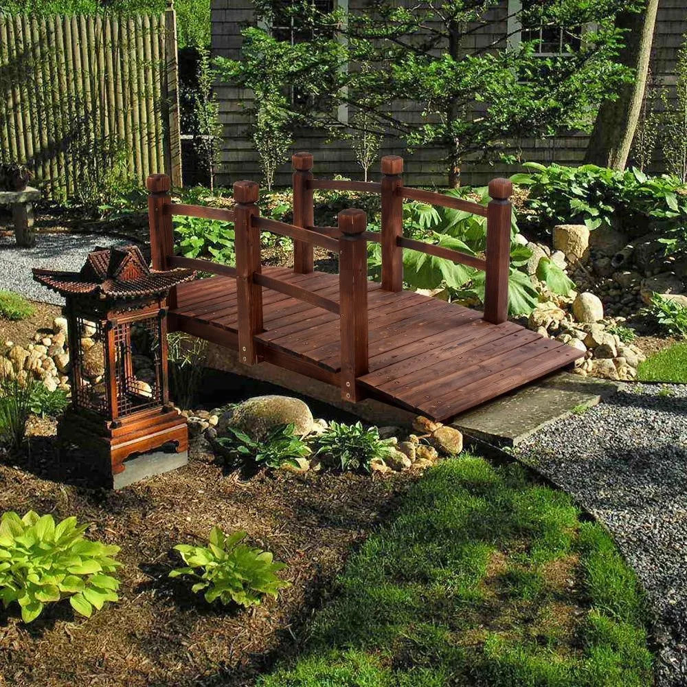 Natural Wooden Garden Bridge With Double Rails For Outdoor Walkways