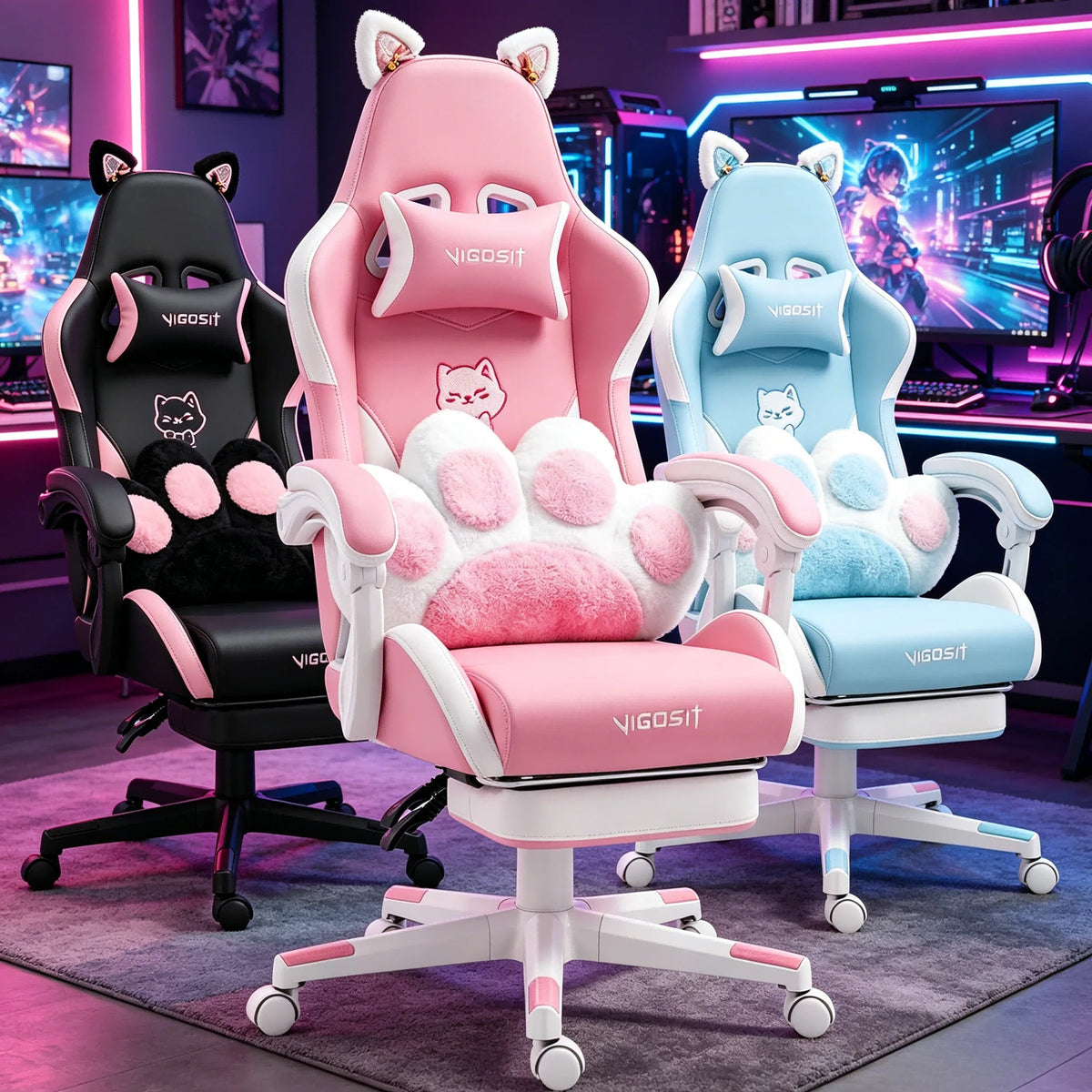 VIGOSIT Ergonomic Gaming Chair With Footrest And Headrest