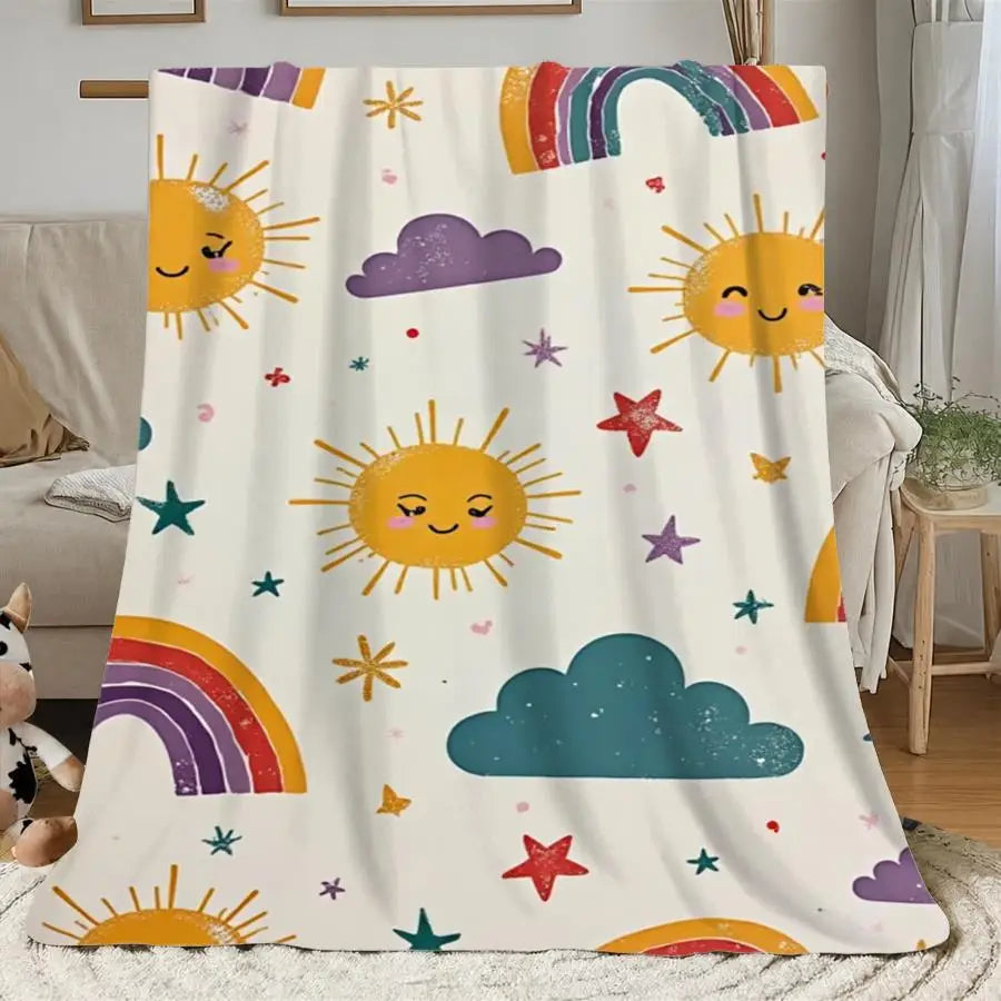 Decorative Flannel Throw Blanket Featuring Sun And Rainbow Motifs