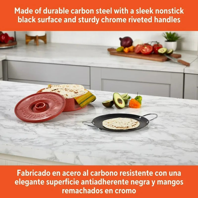 Carbon Steel Nonstick Round Comal With Sturdy Metal Side Handles