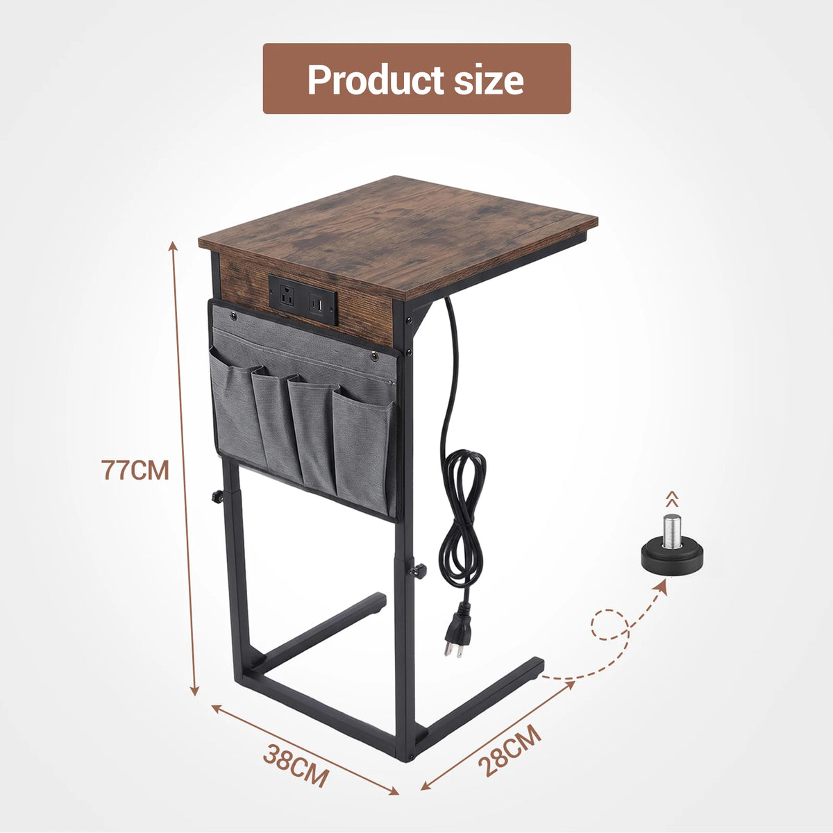 HiMISS Adjustable C Shaped End Table With USB Charging Station