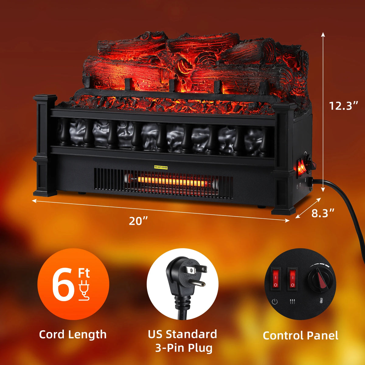 1500W Electric Fireplace Log Insert Heater With Thermostat Crackling Sound