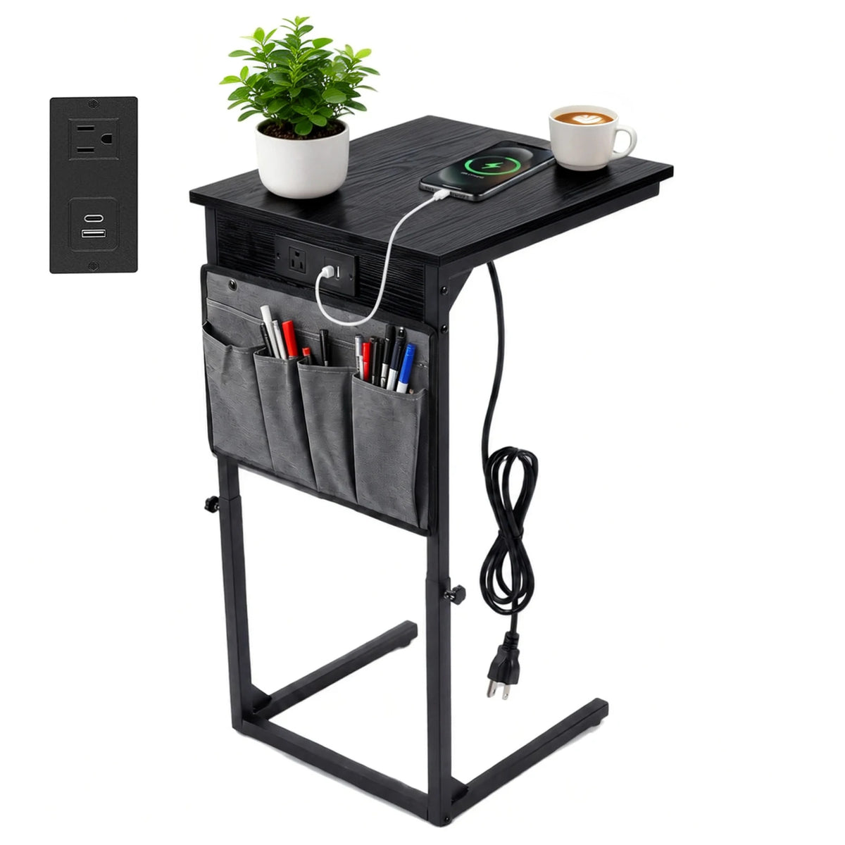 HiMISS Adjustable C Shaped End Table With USB Charging Station