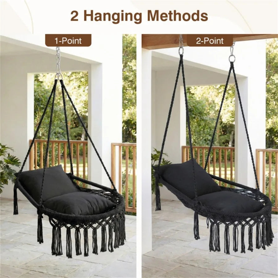 Boho Macrame Swing Chair With Cushions For Indoor Outdoor Use