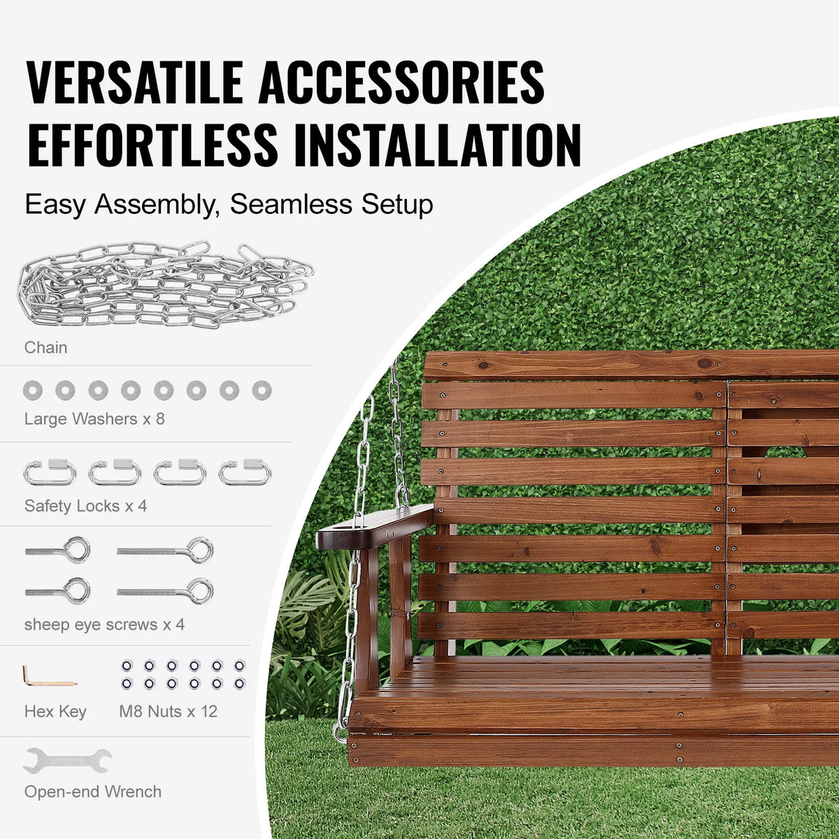 SucceBuy Wooden Porch Swing With Steel Chains For Patio Seating