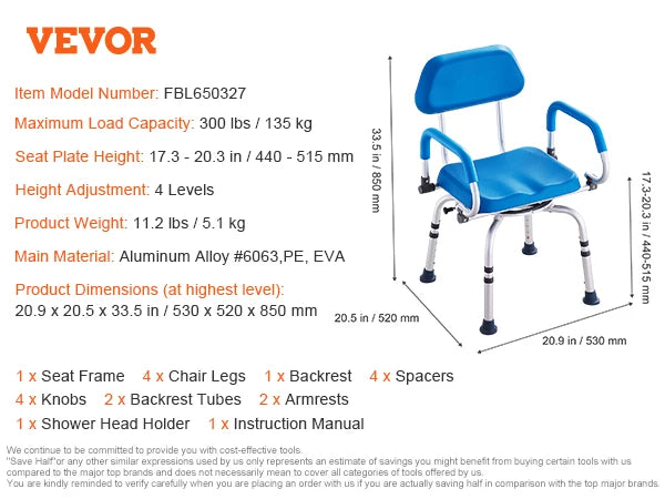 SucceBuy 360 Degree Swivel Shower Chair With Armrests And Backrest