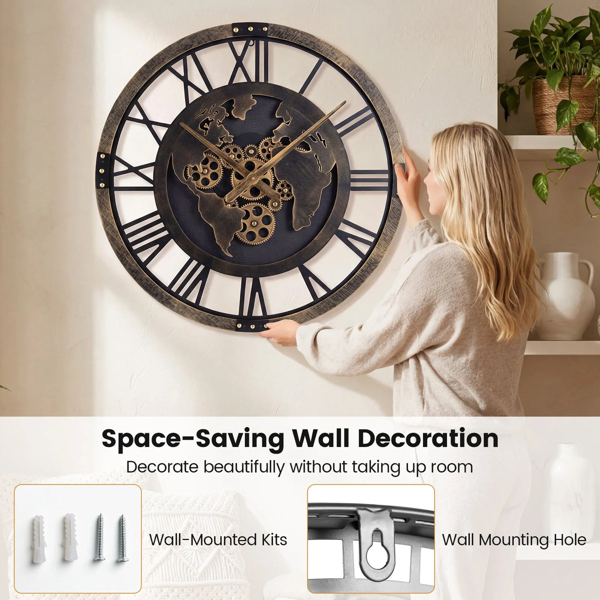 HOMASIS World Map Gear Wall Clock Decorative Silent Metal Design