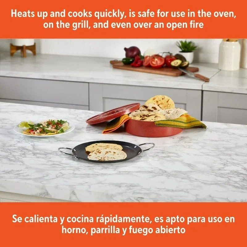 Carbon Steel Nonstick Round Comal With Sturdy Metal Side Handles