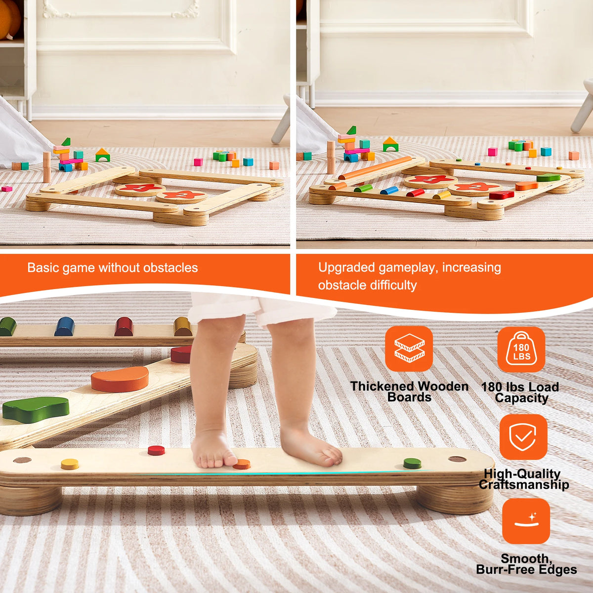 SucceBuy Wooden Balance Beam Stepping Stones Montessori Toy