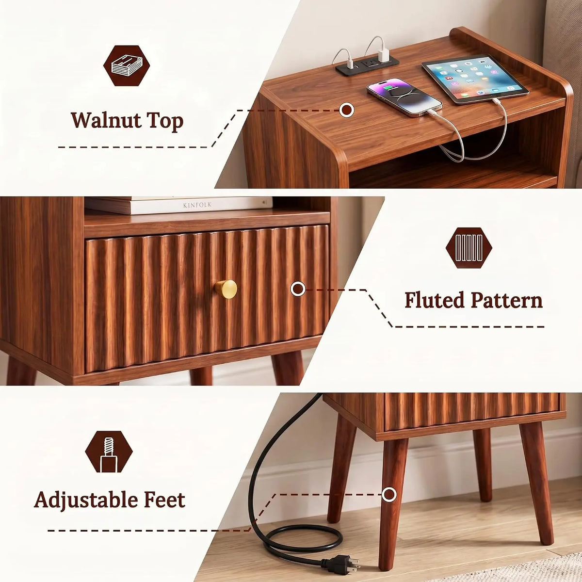 Novilla Wood Nightstand Featuring Dual USB Charging Station