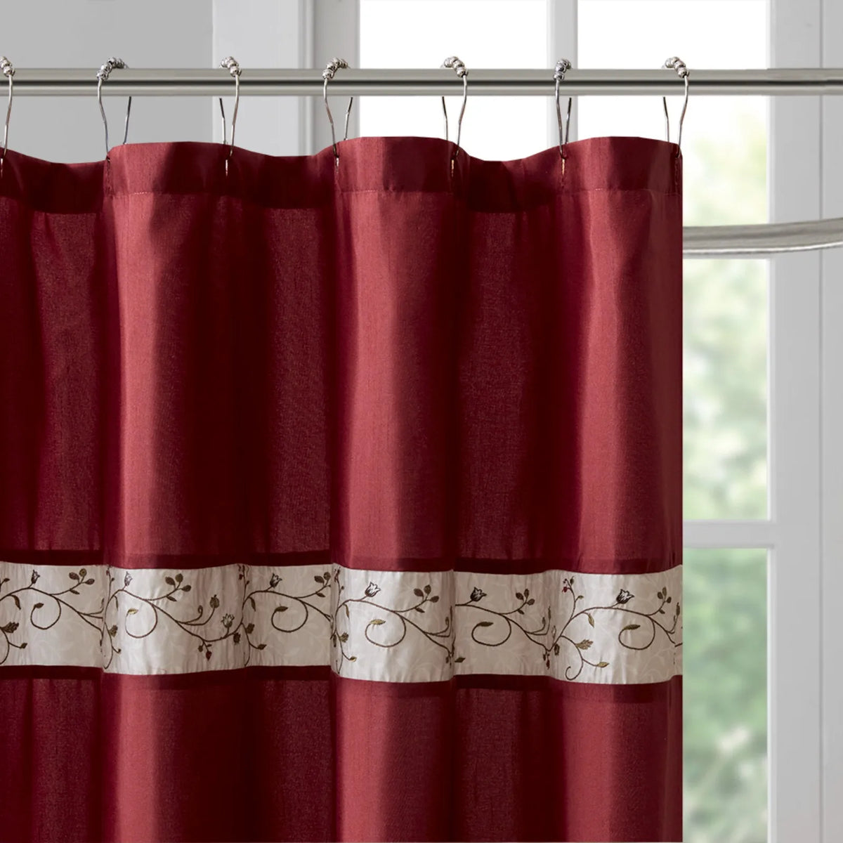 Faux Silk Embroidered Floral Shower Curtain Jacquard Water Repellent Finish