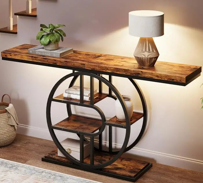 Amkui Modern Console Table Featuring Storage Shelves And Steel Frame