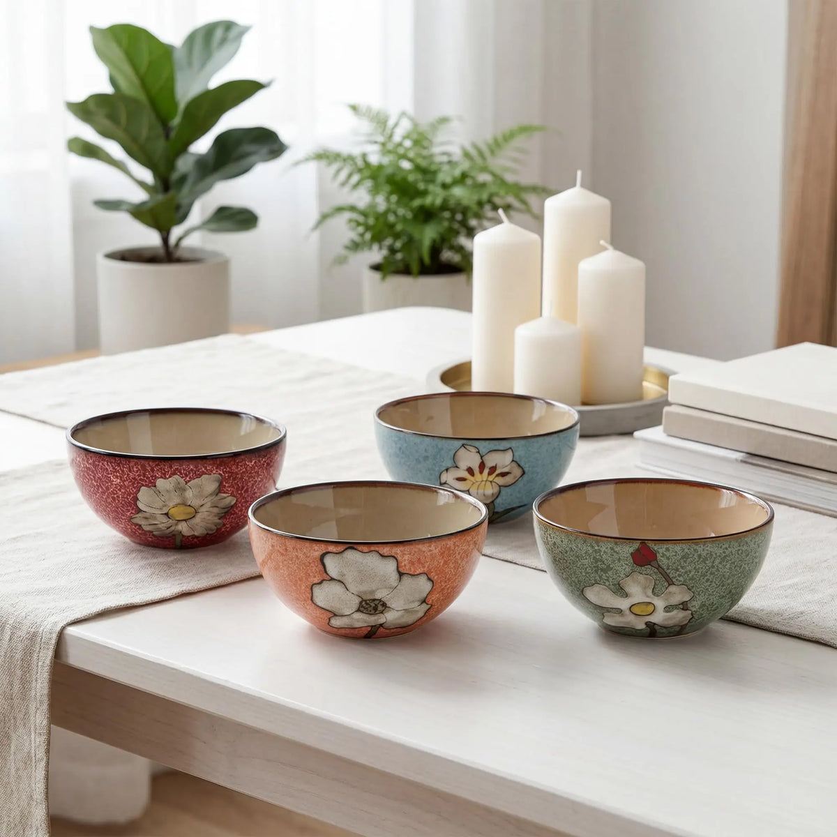 Hand Painted Floral Ceramic Cereal Bowls Set With Classic Design