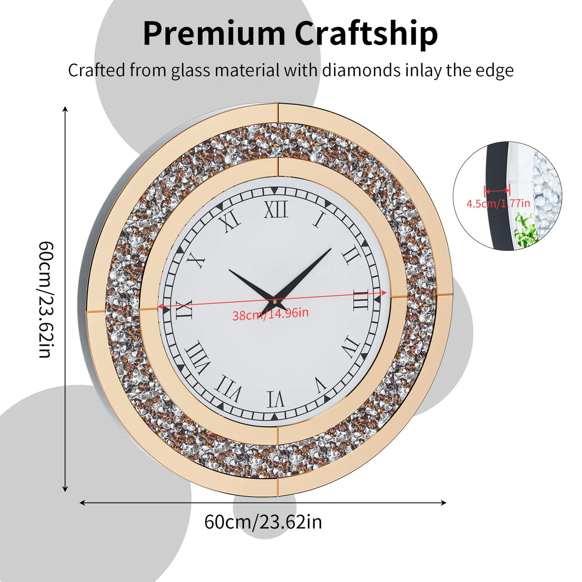 Round Mirror Wall Clock Crystal Sparkle Non-Ticking Alarm Movement