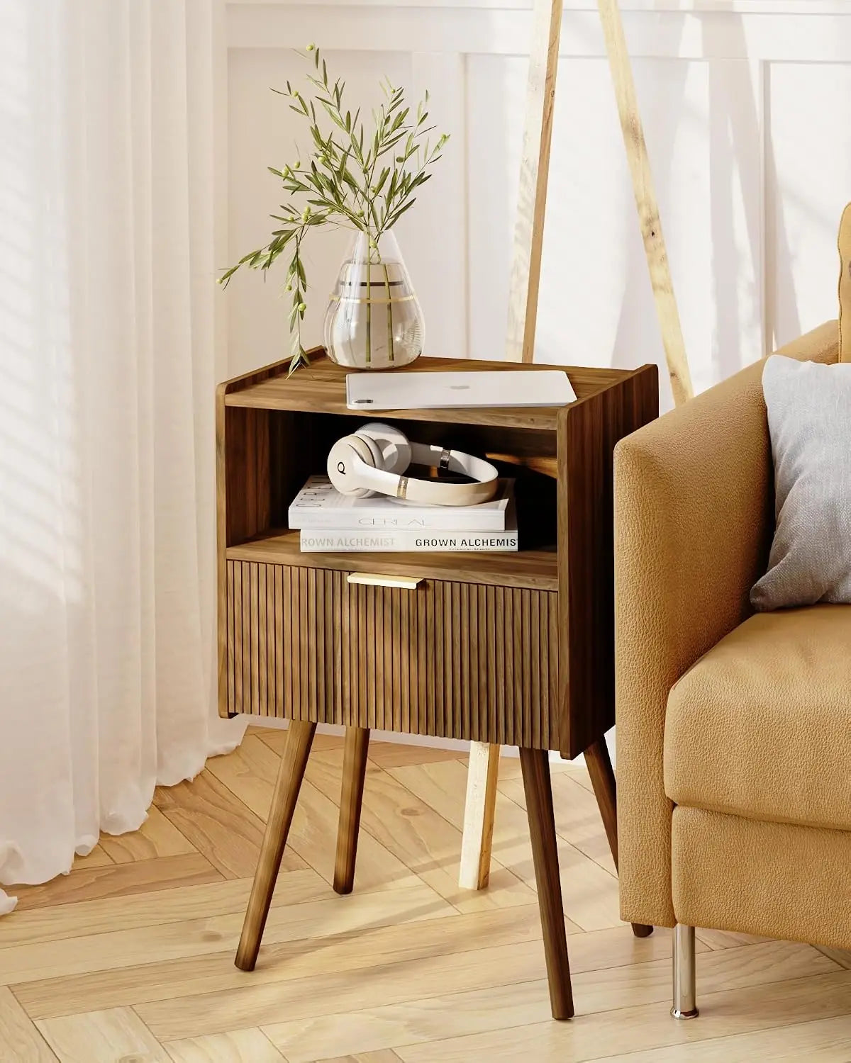 Novilla Modern Wood Nightstand With Storage Drawer And Shelf