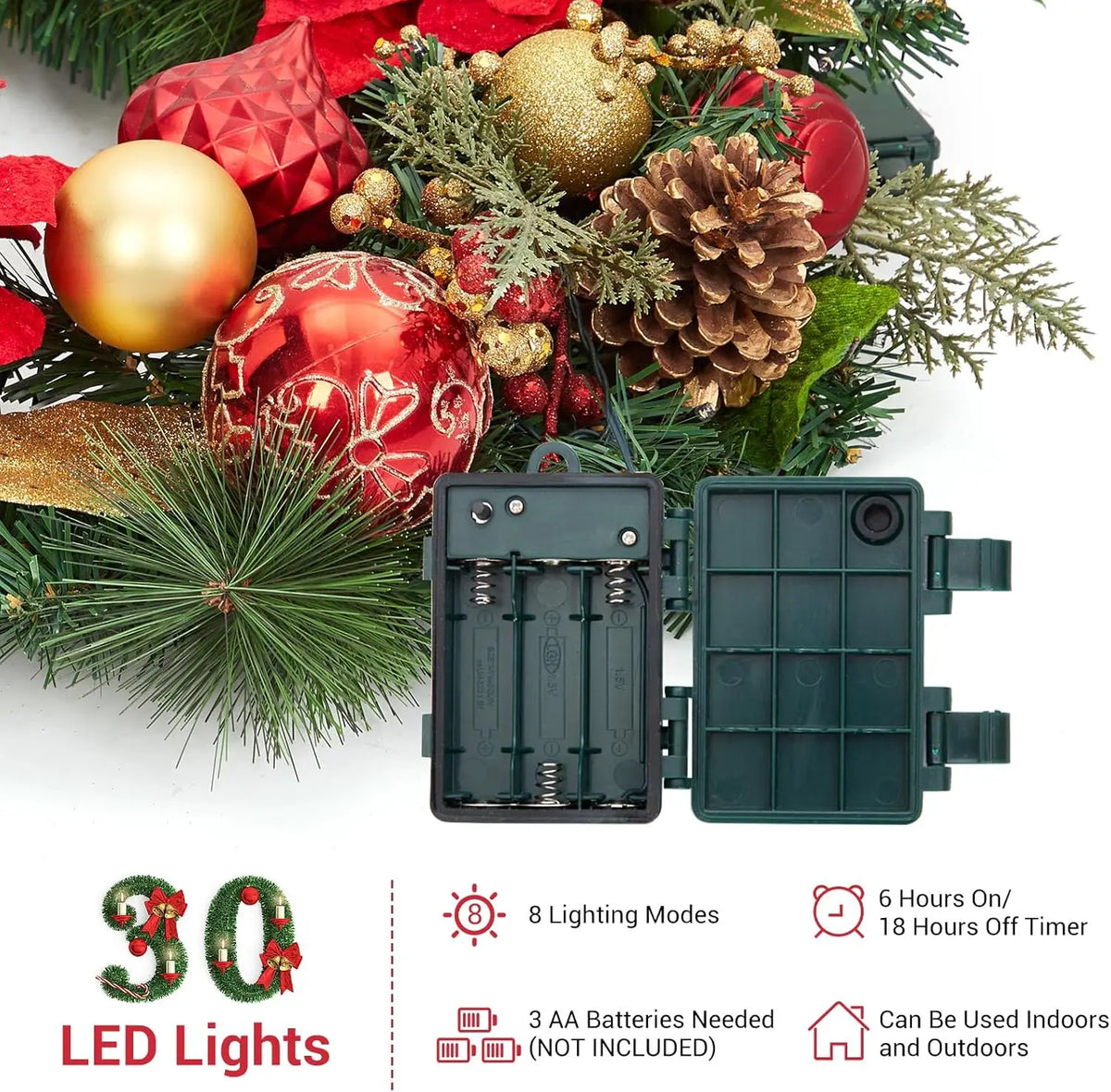 Lighted Christmas Wreath With LED Balls for Outdoor Door Decor