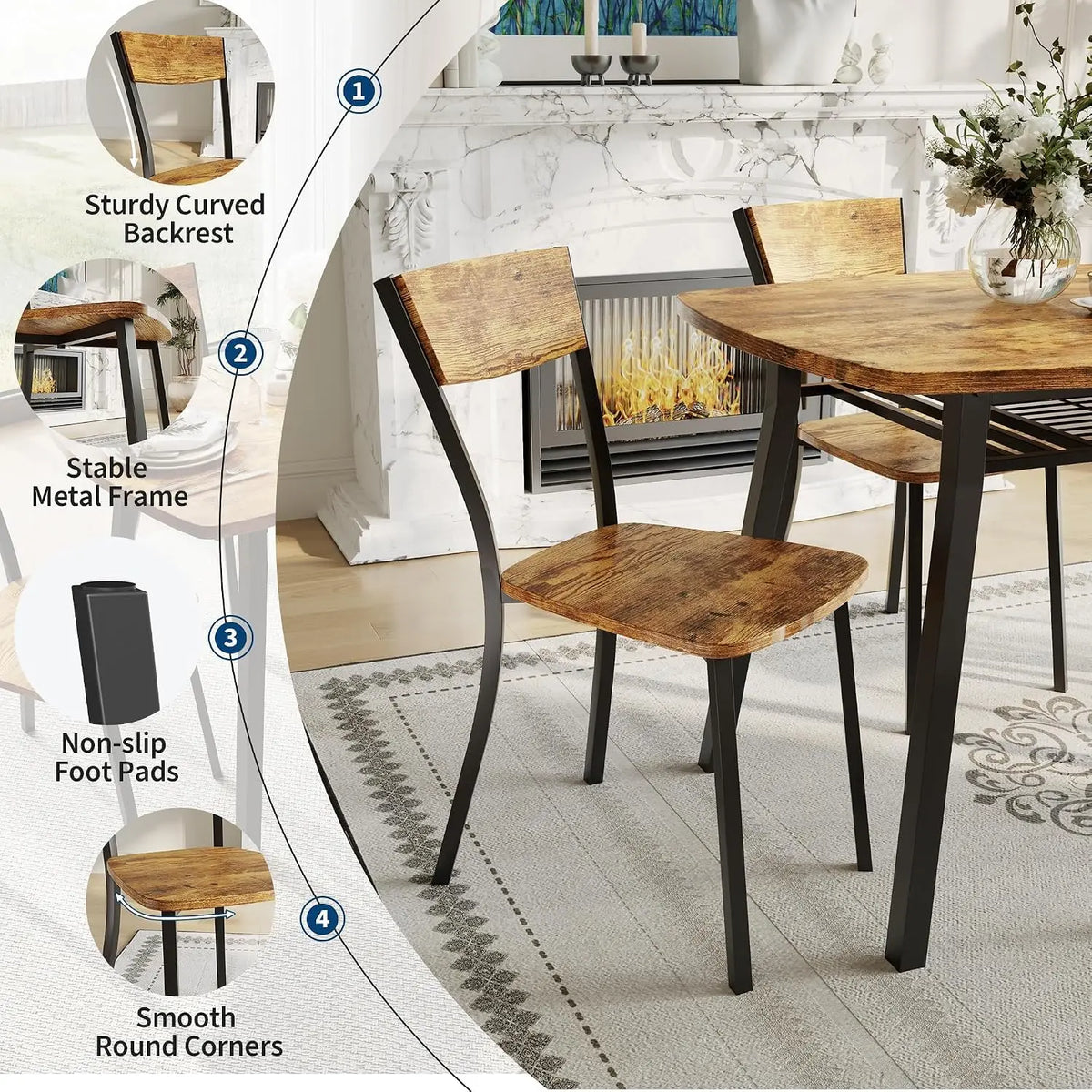 HiMISS Antique Dining Set With Four Chairs And Storage Shelf