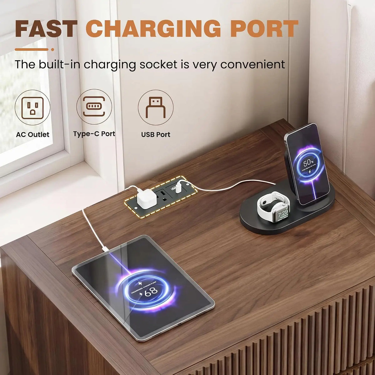 Novilla Fluted Wooden Nightstand With Integrated Charging Station